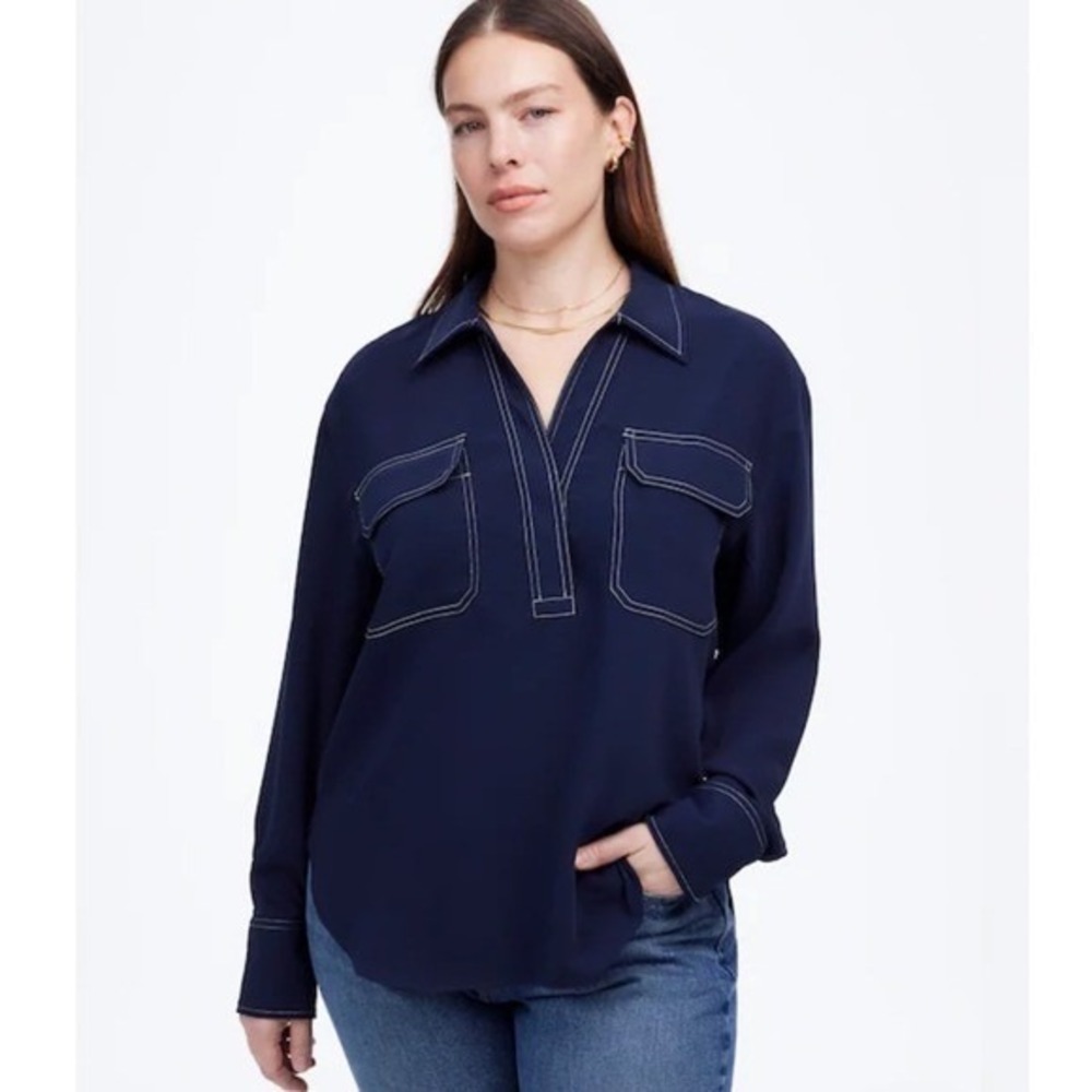 Madewell Contrast-Stitch Popover Shirt Navy Medium